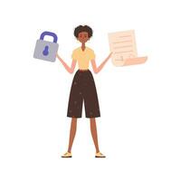 A woman holds a contract or document in her hand. Data protection concept. Smart contract. Modern trendy style. vector