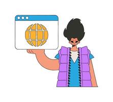 A bright and stylish illustration of a man holding a browser window in his hands. Bright trend character. vector