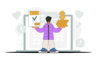 A well-dressed man holds a tax form and coins in his hands. Graphic illustration on the theme of tax payments. vector