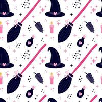 Halloween pinky colors seamless pattern. Vector witch broom and witch hat pattern