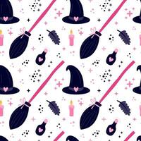 Halloween pinky colors seamless pattern. Vector witch broom and witch hat pattern