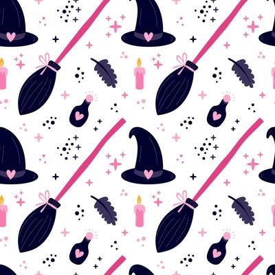 Halloween pinky colors seamless pattern. Vector witch broom and witch hat pattern