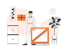 The guy is holding a package. The concept of the delivery of goods and parcels. Linear modern style. vector