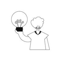 He holds a light bulb, symbolizing a burst of ideas. Linear vector illustration.