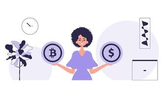 The concept of mining and extraction of bitcoin. A woman holds a bitcoin and a dollar in her hands. Character with a modern style. vector