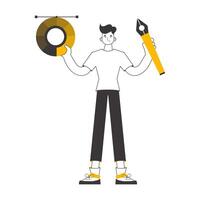 The designer guy holds a color wheel in his hands. Linear trendy style. Isolated. Vector illustration.