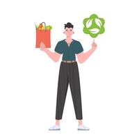 The man is depicted in full growth and holds a package with healthy food in his hands and shows an icon. Isolated on white background. Flat trendy style. Vector. vector