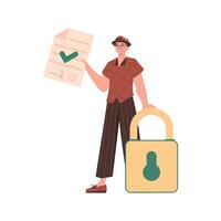 The man is holding a document. Data protection concept. Smart contract. Trend style character. vector