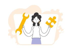 A woman is holding a wrench and a puzzle. Teamwork theme. Linear trendy style. vector