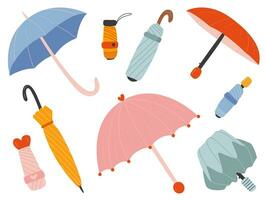 Vector set of different umbrellas in various positions. Open and folded umbrellas cartoon set