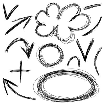 Hand drawn pen lines elements, speech bubble, arrow vector set