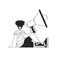 Masterful HR specialist man holding a megaphone in his hands. HR topic. Linear newspaper black and white style. vector