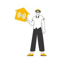 The guy holds the IOT logo in his hands. Linear style. Isolated. Vector. vector