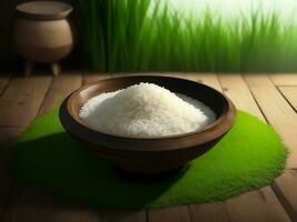 Fresh rice in a bowl on wooden floor, Generative AI Illustration. photo