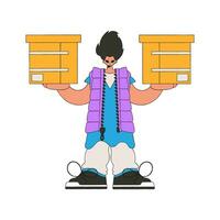 An attractive guy holds boxes in his hands. Parcel and cargo transportation. vector