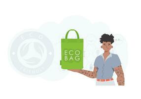 Concept of green world and ecology. A man holds an ECO BAG in his hands. Trend style.Vector illustration. vector