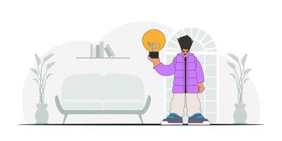 Gorgeous guy holds a light bulb in his hands. Illustration on the theme of the appearance of an idea. vector