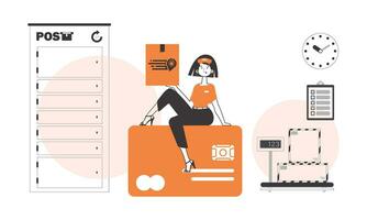 The girl is sitting on a bank card and holding a parcel. Delivery concept. Linear trendy style. vector