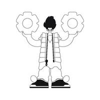 Man with gears in hands in linearstyle vector illustration.