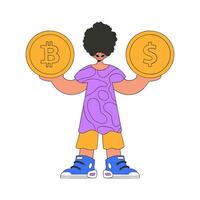 Man holding bitcoin and dollar. Character trendy style. vector