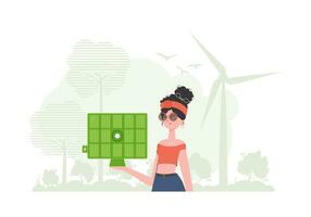 Eco energy concept. A woman holds a solar panel in her hand. Vector illustration.