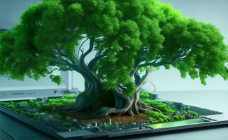 verde árbol creciente en computadora tarjeta madre, generativo ai ilustración. foto