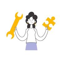 A woman is holding a wrench and a puzzle. Teamwork theme. Linear modern style. Isolated. Vector. vector