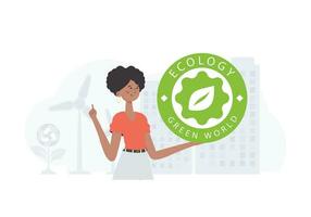 The concept of ecology and green energy. Woman holding ECO logo in her hands. Fashionable, trendy style. Vector. vector