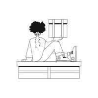 He cradles a box in his arms. A simple delivery illustrated in a line design. vector