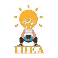 Funny illustration on the theme of the idea. A man is holding a heavy large light bulb. vector