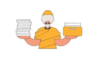 Gorgeous guy holds stacks of documents in his hands. vector