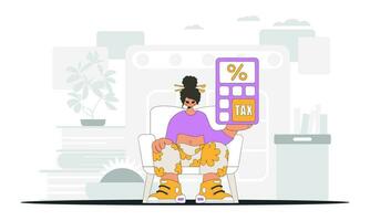 A fashionable woman holds a calculator in her hand Illustration demonstrating the correct payment of taxes. vector