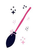 Witch pink broom cartoon style vector illustration. Halloween witch broom