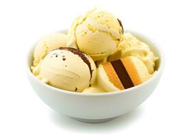 bowl with delicious ice cream and balls on white background photo