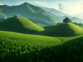 Green tea field on mountain, Generative AI Illustration. photo