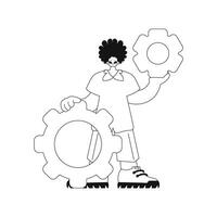 Man holds gears, linear illustration. vector
