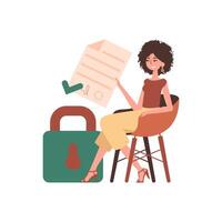 The girl sits in a chair and holds a document in her hands. Smart contract. Data protection. Modern trendy style. vector