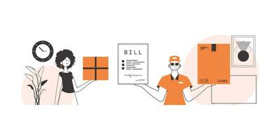 The girl and the guy delivers parcels and cargo. Linear modern style. vector