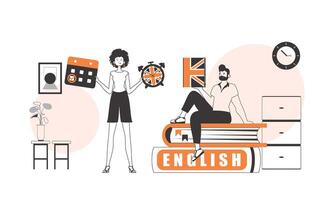 The team helps teach English. The concept of learning a foreign language. Linear trendy style. vector