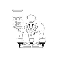 Man holds calculator. Linear. Vector illustration.