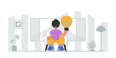 A handsome guy holds a light bulb in his hands. Idea concept. trendy character. vector