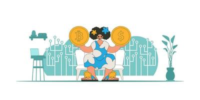 The girl is holding a coin of bitcoin and dollar. Cryptocurrency concept. vector
