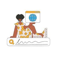 The girl sits on the search line and holds a web browser in her hands. Search for the necessary information on the Internet. Retro style character. vector