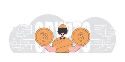 Man holding dollar and bitcoin. Cryptocurrency theme. vector