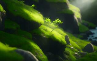 Green moss in forest, Generative AI Illustration. photo