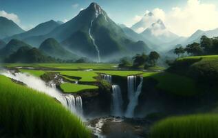 Rice field with mountain and waterfall in Thailand, Generative AI Illustration. photo