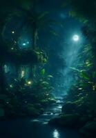 The magical jungle with moonlight, Generative AI Illustration. photo