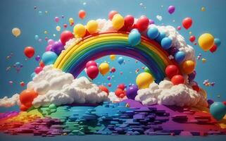 Party with balloons and rainbow, Generative AI Illustration. photo