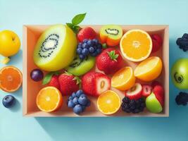A colorfull fruits in square box, creative composition, Generative AI Illustration. photo