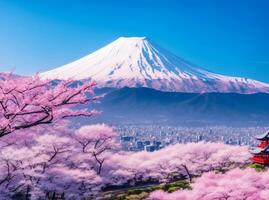 Cherry blossom field with fuji mountain, Generative AI Illustration. photo